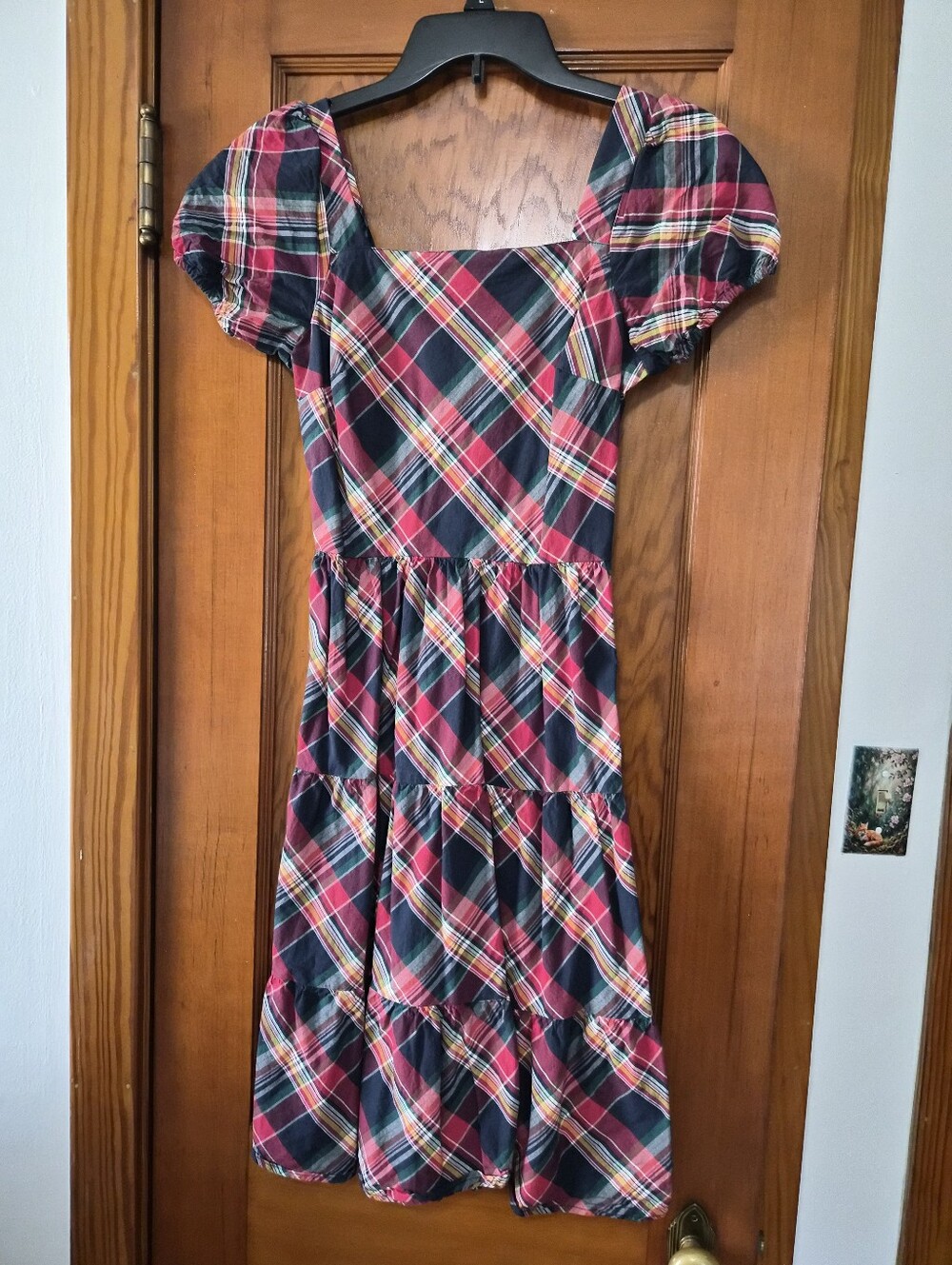 Women's Plaid Square-Neck Tiered Dress in Red and Navy